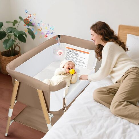 Baby Bassinet, 3 in 1 Bedside Bassinet Sleeper for Newborn, Portable Baby Crib with 4 Detachable Wheels & Adjustable Height, Breathable Mesh & Mattress, Mosquito Net& Storage Basket (Khaki) in Saudi Arabia