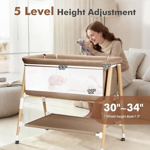 Baby Bassinet, 3 in 1 Bedside Bassinet Sleeper for Newborn, Portable Baby Crib with 4 Detachable Wheels & Adjustable Height, Breathable Mesh & Mattress, Mosquito Net& Storage Basket (Khaki) in Saudi Arabia