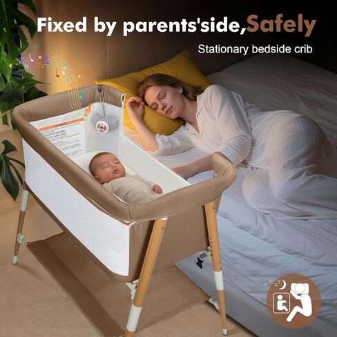 Baby Bassinet, 3 in 1 Bedside Bassinet Sleeper for Newborn, Portable Baby Crib with 4 Detachable Wheels & Adjustable Height, Breathable Mesh & Mattress, Mosquito Net& Storage Basket (Khaki) in Saudi Arabia