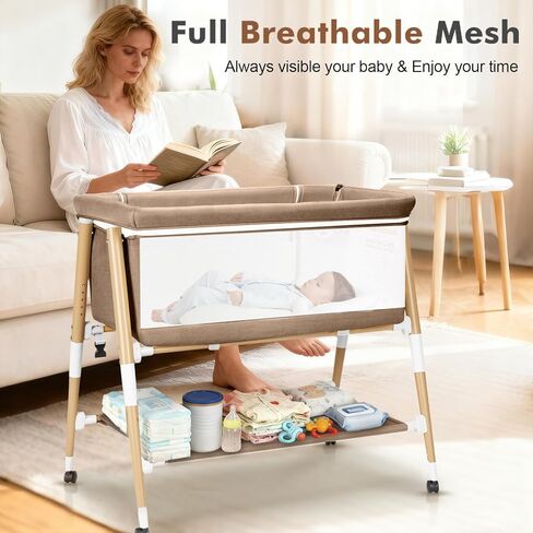 Baby Bassinet, 3 in 1 Bedside Bassinet Sleeper for Newborn, Portable Baby Crib with 4 Detachable Wheels & Adjustable Height, Breathable Mesh & Mattress, Mosquito Net& Storage Basket (Khaki) in Saudi Arabia