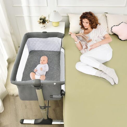 BABY JOY Baby Bedside Crib, Portable Travel Sleeper Bed Side Bassinet w/Carrying Bag, Newborn Bassinet to Infant, Kids Crib with Detachable Mattress, Height Adjustable Design, Breathable Mesh, Grey in Saudi Arabia