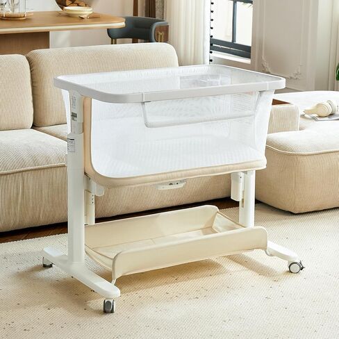 Electric Baby Bassinet, All-Mesh Bedside Sleeper with 3-Speed Auto Rocking, 8 Soothing Sounds, Remote Control, 5-Height Adjustable Baby Crib with Wheels & Storage for Newborn 0-6 Months, Beige in Kuwait