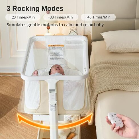 Electric Baby Bassinet, All-Mesh Bedside Sleeper with 3-Speed Auto Rocking, 8 Soothing Sounds, Remote Control, 5-Height Adjustable Baby Crib with Wheels & Storage for Newborn 0-6 Months, Beige in Kuwait