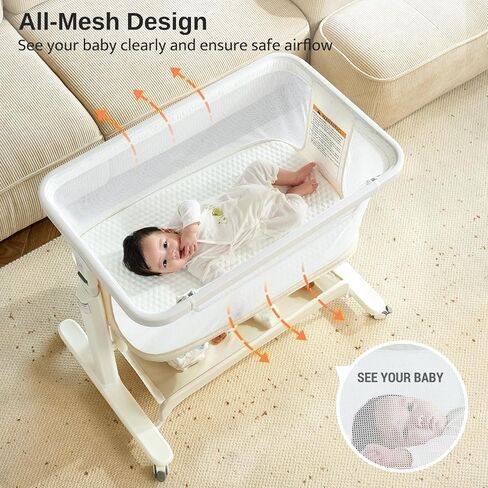 Electric Baby Bassinet, All-Mesh Bedside Sleeper with 3-Speed Auto Rocking, 8 Soothing Sounds, Remote Control, 5-Height Adjustable Baby Crib with Wheels & Storage for Newborn 0-6 Months, Beige in Kuwait