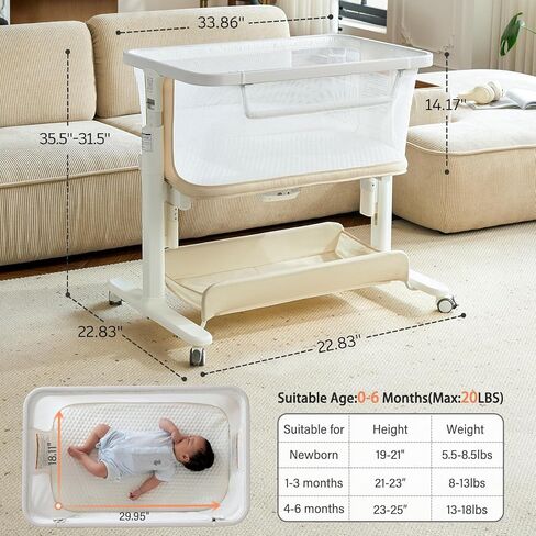 Electric Baby Bassinet, All-Mesh Bedside Sleeper with 3-Speed Auto Rocking, 8 Soothing Sounds, Remote Control, 5-Height Adjustable Baby Crib with Wheels & Storage for Newborn 0-6 Months, Beige in Kuwait