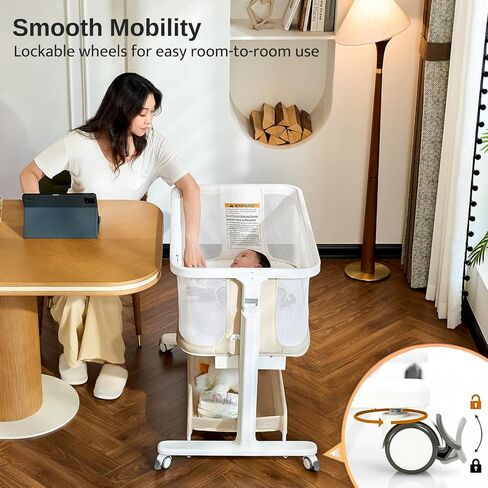Electric Baby Bassinet, All-Mesh Bedside Sleeper with 3-Speed Auto Rocking, 8 Soothing Sounds, Remote Control, 5-Height Adjustable Baby Crib with Wheels & Storage for Newborn 0-6 Months, Beige in Kuwait