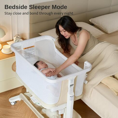 Electric Baby Bassinet, All-Mesh Bedside Sleeper with 3-Speed Auto Rocking, 8 Soothing Sounds, Remote Control, 5-Height Adjustable Baby Crib with Wheels & Storage for Newborn 0-6 Months, Beige in Kuwait