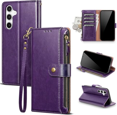 Compatible with Samsung Galaxy S25 Ultra 5G Wallet Case with Card Holder RFID Blocking Zipper PU Leather Phone Case Flip Protective Cover Wrist Strap Credit Card Slots Men Women,Wine Red in Kuwait