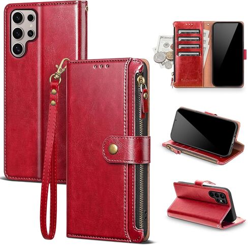 Compatible with Samsung Galaxy S25 Ultra 5G Wallet Case with Card Holder RFID Blocking Zipper PU Leather Phone Case Flip Protective Cover Wrist Strap Credit Card Slots Men Women,Wine Red in Kuwait