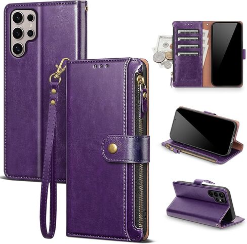 Compatible with Samsung Galaxy S25 Ultra 5G Wallet Case with Card Holder RFID Blocking Zipper PU Leather Phone Case Flip Protective Cover Wrist Strap Credit Card Slots Men Women,Wine Red in Kuwait