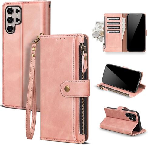 Compatible with Samsung Galaxy S25 Ultra 5G Wallet Case with Card Holder RFID Blocking Zipper PU Leather Phone Case Flip Protective Cover Wrist Strap Credit Card Slots Men Women,Wine Red in Kuwait
