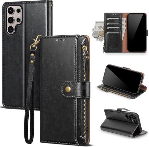 Compatible with Samsung Galaxy S25 Ultra 5G Wallet Case with Card Holder RFID Blocking Zipper PU Leather Phone Case Flip Protective Cover Wrist Strap Credit Card Slots Men Women,Wine Red in Kuwait