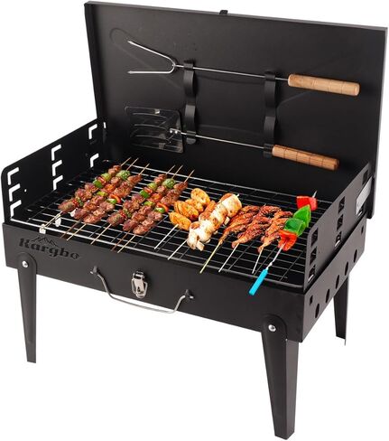 Portable Grill with Lid & Adjustable Vents - Foldable Charcoal BBQ for Camping & Picnics | Complete 4-Piece Dining Set Included for Ultimate Outdoor Cooking in Saudi Arabia