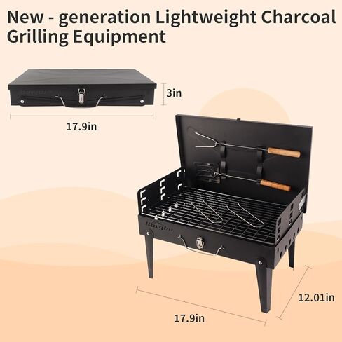 Portable Grill with Lid & Adjustable Vents - Foldable Charcoal BBQ for Camping & Picnics | Complete 4-Piece Dining Set Included for Ultimate Outdoor Cooking in Saudi Arabia