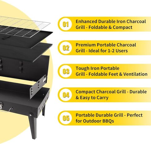 Portable Grill with Lid & Adjustable Vents - Foldable Charcoal BBQ for Camping & Picnics | Complete 4-Piece Dining Set Included for Ultimate Outdoor Cooking in Saudi Arabia