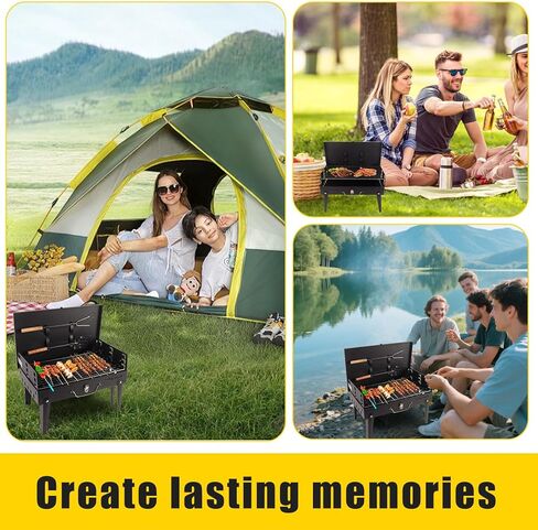Portable Grill with Lid & Adjustable Vents - Foldable Charcoal BBQ for Camping & Picnics | Complete 4-Piece Dining Set Included for Ultimate Outdoor Cooking in Saudi Arabia