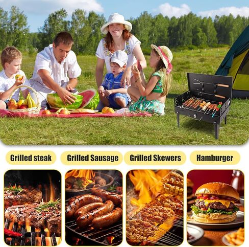 Portable Grill with Lid & Adjustable Vents - Foldable Charcoal BBQ for Camping & Picnics | Complete 4-Piece Dining Set Included for Ultimate Outdoor Cooking in Saudi Arabia