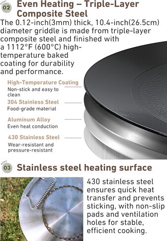 camping moon BBQ Grill Pan Dia 10.4-inch Round Griddle 3-Ply Composite Steel Nonstick Foldable Handle for Open Fire Gas Stove Outdoor & Indoor Use GRW-27F in Saudi Arabia