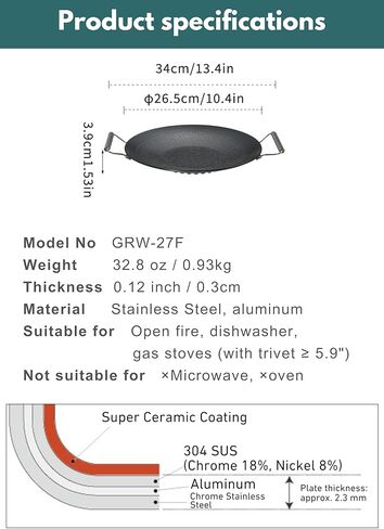 camping moon BBQ Grill Pan Dia 10.4-inch Round Griddle 3-Ply Composite Steel Nonstick Foldable Handle for Open Fire Gas Stove Outdoor & Indoor Use GRW-27F in Saudi Arabia