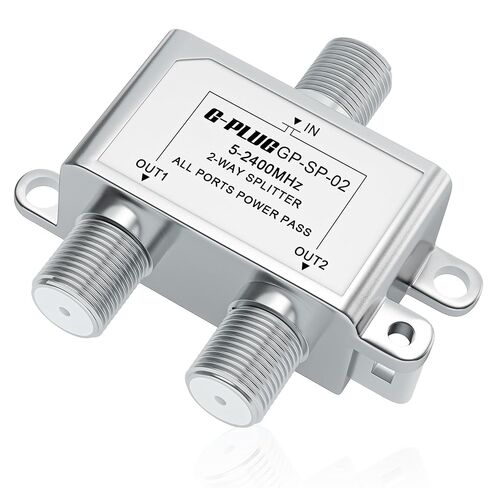 G-PLUG 2-Way Coaxial Cable Splitter, 5–2400 MHz, RG6 Compatible, Supports TV, Satellite, Cable, Modem, Internet & MoCA, Low Signal Loss, All Ports Power Pass, Durable Metal Housing in Saudi Arabia