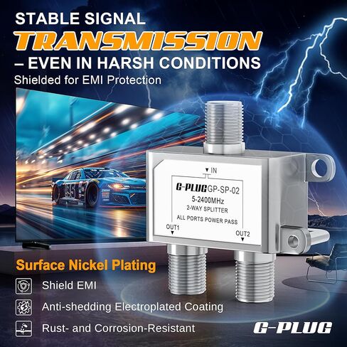 G-PLUG 2-Way Coaxial Cable Splitter, 5–2400 MHz, RG6 Compatible, Supports TV, Satellite, Cable, Modem, Internet & MoCA, Low Signal Loss, All Ports Power Pass, Durable Metal Housing in Saudi Arabia