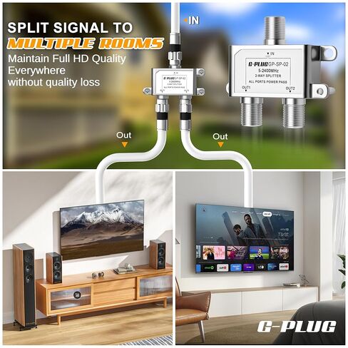 G-PLUG 2-Way Coaxial Cable Splitter, 5–2400 MHz, RG6 Compatible, Supports TV, Satellite, Cable, Modem, Internet & MoCA, Low Signal Loss, All Ports Power Pass, Durable Metal Housing in Saudi Arabia