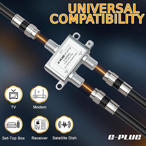 G-PLUG 2-Way Coaxial Cable Splitter, 5–2400 MHz, RG6 Compatible, Supports TV, Satellite, Cable, Modem, Internet & MoCA, Low Signal Loss, All Ports Power Pass, Durable Metal Housing in Saudi Arabia