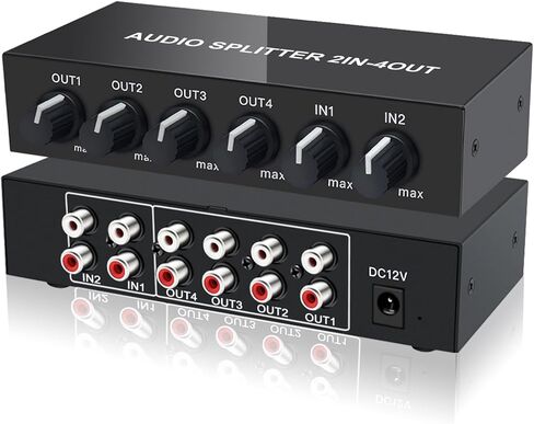 خلاط موزع صوت ستيريو 2 في 4 خارج RCA L/R مع تحكم مستقل في مستوى الصوت للمسرح المنزلي، DJ، الاستوديو in Kuwait