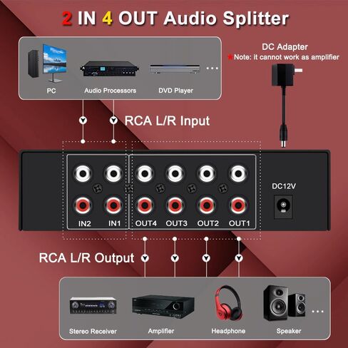 خلاط موزع صوت ستيريو 2 في 4 خارج RCA L/R مع تحكم مستقل في مستوى الصوت للمسرح المنزلي، DJ، الاستوديو in Kuwait