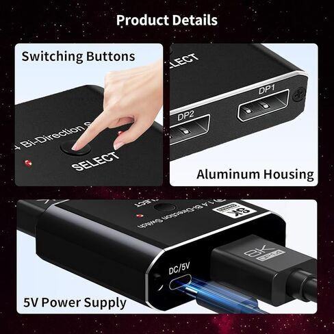 DisplayPort Switch 2 in 1 Out or 1 in 2 Out 8K DisplayPort Splitter DP 1.4 Switcher with TV Monitors Laptops PC Projectors etc in Saudi Arabia