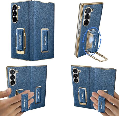 Dual Grip for Samsung Galaxy Z Fold 7 Leather Case with Hand Strap,360° Rotatable Stand,Full Body Screen Protector Flip Cases,Hinge Protection Anti-Scratch Shockproof Phone Cover,Blue Shadow in Kuwait