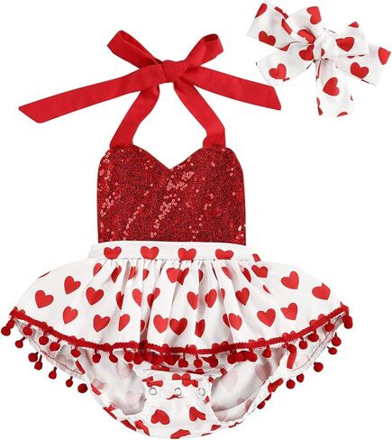 Newborn Baby Girl Valentine's Day Outfit Flutter Sleeve Heart Print Tutu Romper Dress Headband 2Pcs Clothes Set in Saudi Arabia