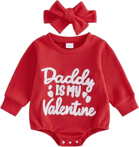 ملابس عيد الحب للفتيات الصغيرات Daddy Is My Valentine Waffle بأكمام طويلة وبذلة رومبير فقاعية لطيفة ملابس الخريف والربيع in Kuwait