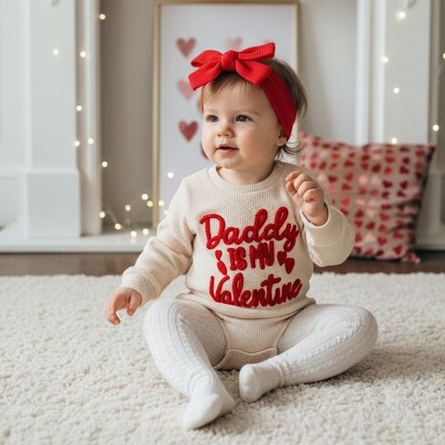 ملابس عيد الحب للفتيات الصغيرات Daddy Is My Valentine Waffle بأكمام طويلة وبذلة رومبير فقاعية لطيفة ملابس الخريف والربيع in Kuwait