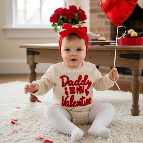 ملابس عيد الحب للفتيات الصغيرات Daddy Is My Valentine Waffle بأكمام طويلة وبذلة رومبير فقاعية لطيفة ملابس الخريف والربيع in Kuwait