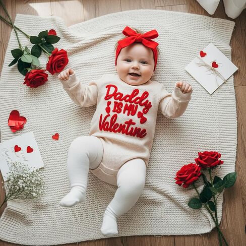 ملابس عيد الحب للفتيات الصغيرات Daddy Is My Valentine Waffle بأكمام طويلة وبذلة رومبير فقاعية لطيفة ملابس الخريف والربيع in Kuwait