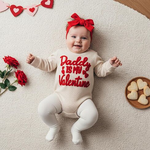 ملابس عيد الحب للفتيات الصغيرات Daddy Is My Valentine Waffle بأكمام طويلة وبذلة رومبير فقاعية لطيفة ملابس الخريف والربيع in Kuwait