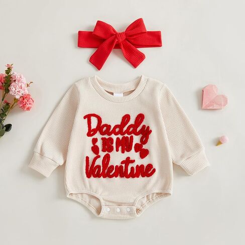 ملابس عيد الحب للفتيات الصغيرات Daddy Is My Valentine Waffle بأكمام طويلة وبذلة رومبير فقاعية لطيفة ملابس الخريف والربيع in Kuwait
