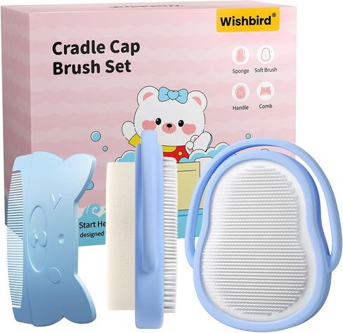 3-in-1 Baby Cradle Cap Brush Kit, Soft Brush, Curved Comb & Bath Sponge | BPA-Free Cradle Cap Treatment Set for Newborns & Infants Scalp Massage Dry Skin Flakes Removal, Light Blue in Kuwait