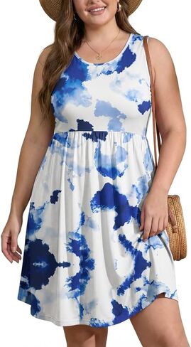OLRIK Womens 2026 Plus Size Sundress A-Line Summer Sleeveless Knee Length Empire Waist T-Shirt Dress with Pockets in Kuwait