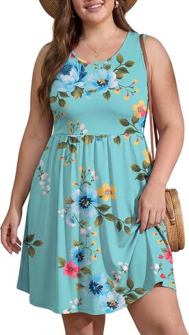 OLRIK Womens 2026 Plus Size Sundress A-Line Summer Sleeveless Knee Length Empire Waist T-Shirt Dress with Pockets in Saudi Arabia