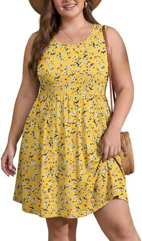 OLRIK Womens 2026 Plus Size Sundress A-Line Summer Sleeveless Knee Length Empire Waist T-Shirt Dress with Pockets in Kuwait