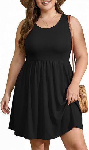 OLRIK Womens 2026 Plus Size Sundress A-Line Summer Sleeveless Knee Length Empire Waist T-Shirt Dress with Pockets in Kuwait