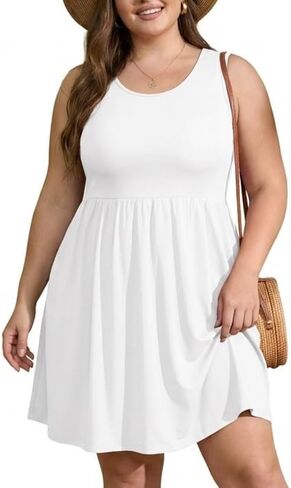 OLRIK Womens 2026 Plus Size Sundress A-Line Summer Sleeveless Knee Length Empire Waist T-Shirt Dress with Pockets in Kuwait