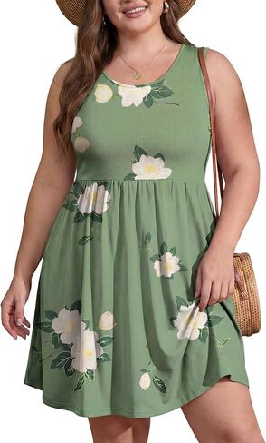 OLRIK Womens 2026 Plus Size Sundress A-Line Summer Sleeveless Knee Length Empire Waist T-Shirt Dress with Pockets in Kuwait