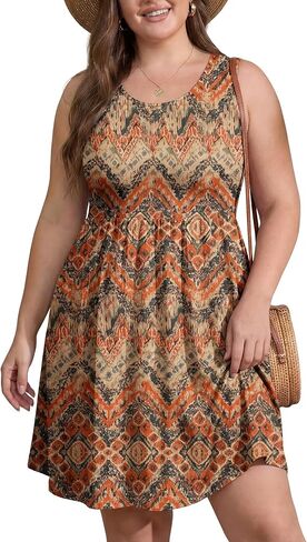 OLRIK Womens 2026 Plus Size Sundress A-Line Summer Sleeveless Knee Length Empire Waist T-Shirt Dress with Pockets in Kuwait