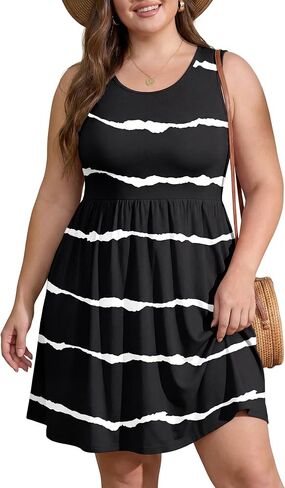 OLRIK Womens 2026 Plus Size Sundress A-Line Summer Sleeveless Knee Length Empire Waist T-Shirt Dress with Pockets in Kuwait