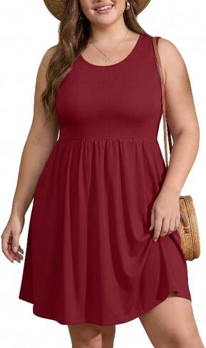 OLRIK Womens 2026 Plus Size Sundress A-Line Summer Sleeveless Knee Length Empire Waist T-Shirt Dress with Pockets in Kuwait
