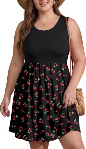 OLRIK Womens 2026 Plus Size Sundress A-Line Summer Sleeveless Knee Length Empire Waist T-Shirt Dress with Pockets in Kuwait