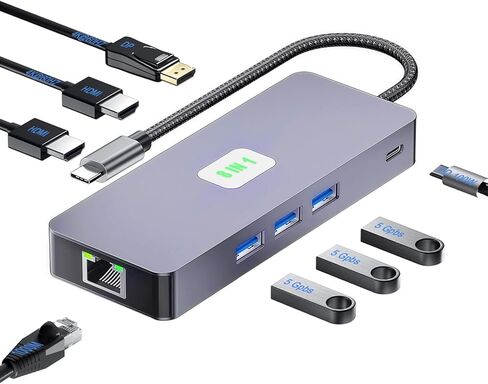 موزع USB C 11 في 1.3 محطة إرساء شاشة 2 منافذ HDMI/DP 4K@60HZ، محول متعدد المنافذ مع 3 منافذ USB 3.2 بسرعة 10 جيجابت في الثانية، شحن PD 100 وات، جيجابت إيثرنت، قارئ بطاقة SD/TF لأجهزة الكمبيوتر المحمول Mac Dell Hp in Kuwait